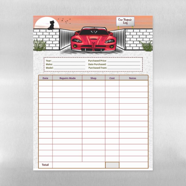 Car Repair Log Magnetic Dry Erase Sheet (Vertical)