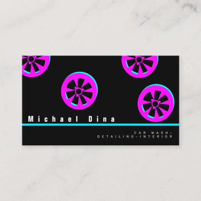 Car Rim Neon Pink Black Business Card (Front)