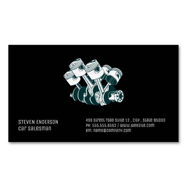 Car Salesman | Piston Car Engine Business Card Magnet (Front)