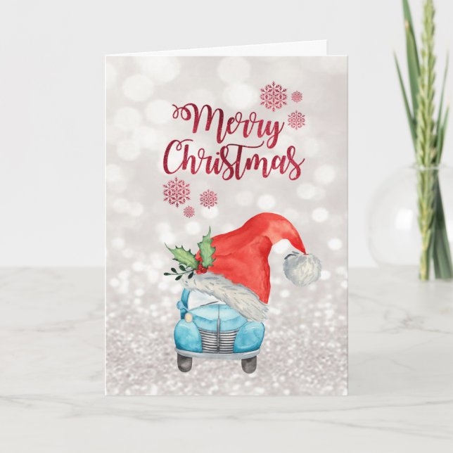 Car Santa Hat,Bokeh   Holiday Card (Front)