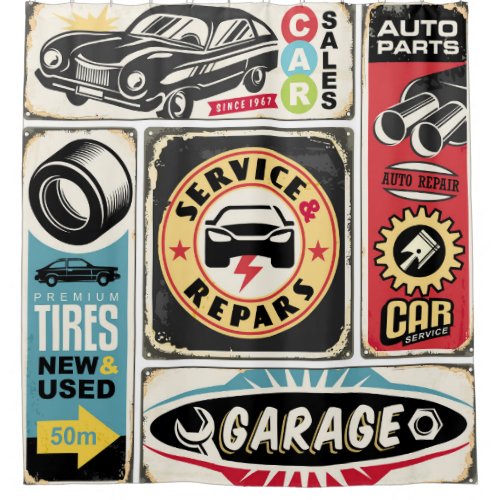 Car service and repair retro signs collection Vin Shower Curtain