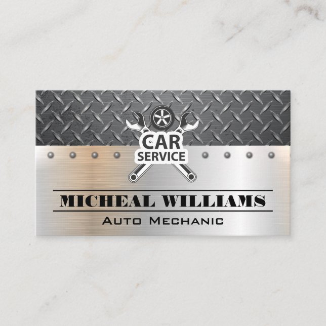 Car Service Wrenches Diamond Plated Steel Business Card (Front)