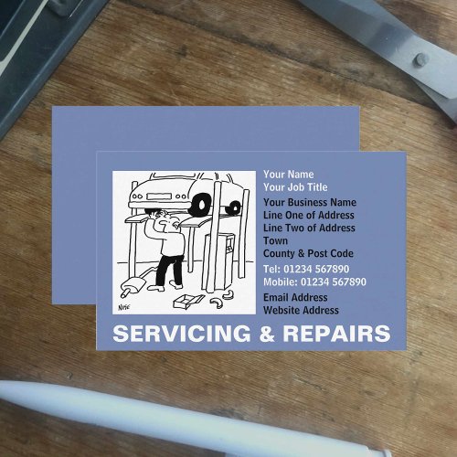 Car Servicing  Repairs Cartoon Business Card