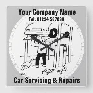 Car Servicing & Repairs Cartoon Square Wall Clock
