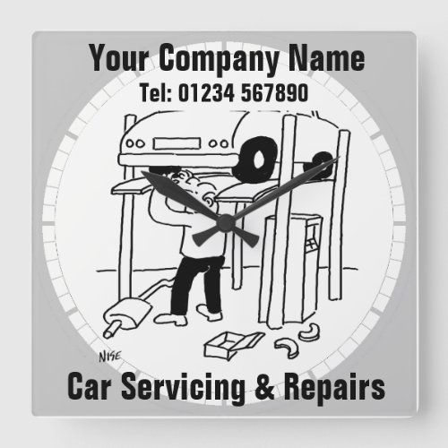 Car Servicing  Repairs Cartoon Square Wall Clock