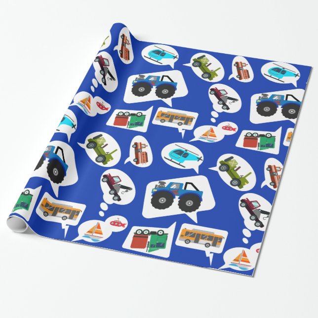 Car talk! Toy Tow Bus Jeep Monster Truck boys Fire Wrapping Paper (Unrolled)