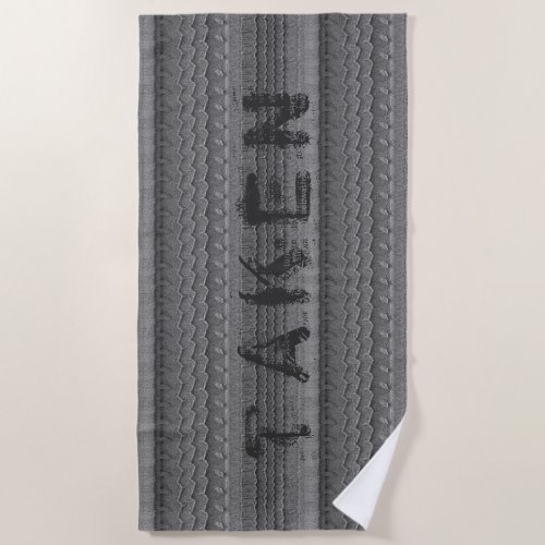 Car Tire Tracks on Grey Sandy Beach Custom Text Beach Towel