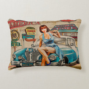 Car travel through America vintage poster. 66,rout Accent Pillow