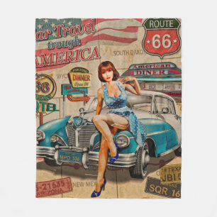Car travel through America vintage poster. 66,rout Fleece Blanket
