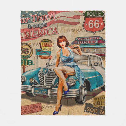 Car travel through America vintage poster 66rout Fleece Blanket