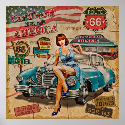 Car travel through America vintage poster 66rout Poster