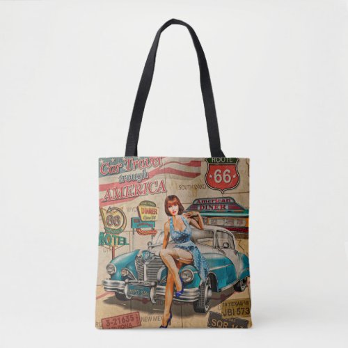 Car travel through America vintage poster 66rout Tote Bag