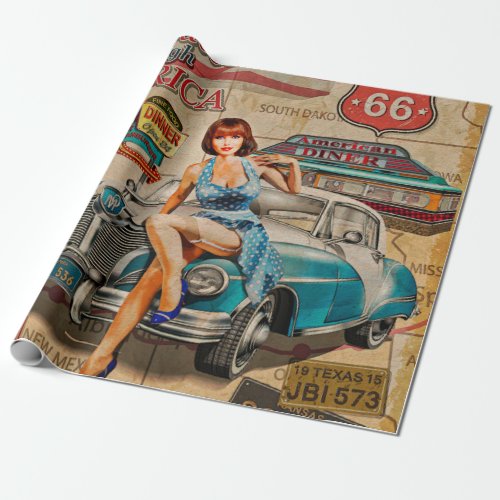 Car travel through America vintage poster 66rout Wrapping Paper
