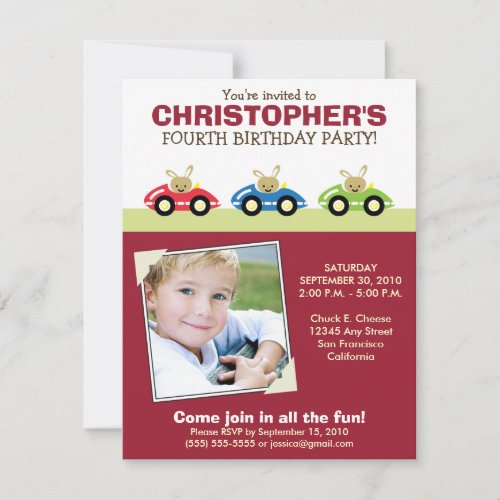 Car Trio Boy's Maroon Birthday Party Invitation