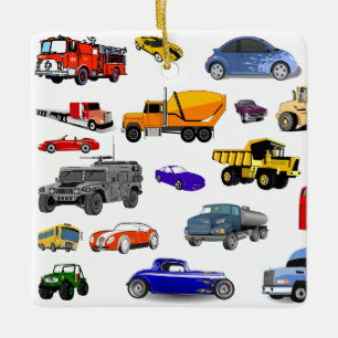 car truck firetruck bulldozer bus race cars more ceramic ornament