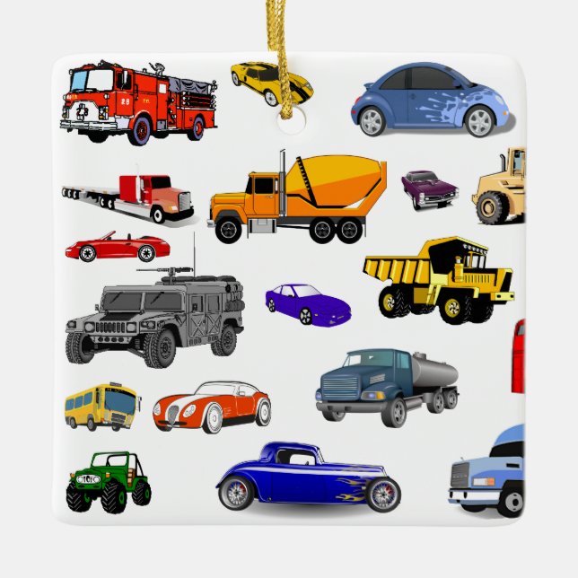 car truck firetruck bulldozer bus race cars more ceramic ornament (Front)