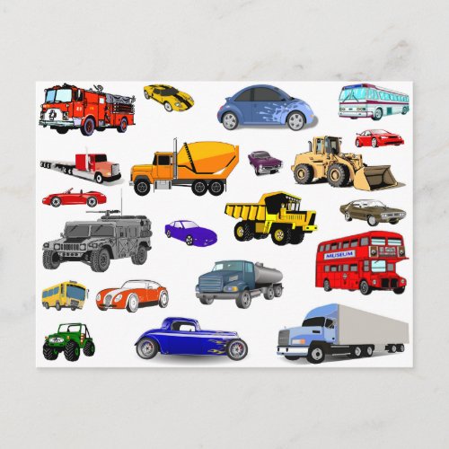 car truck firetruck bulldozer bus race cars more postcard