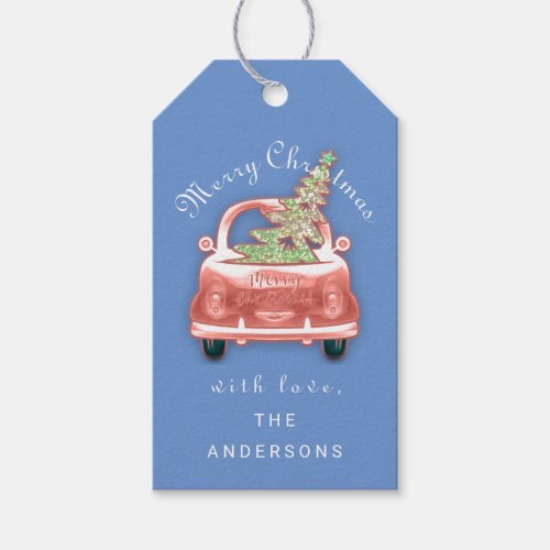 Car Truck Merry Christmas Tree Happy Rose Blue Gift Tags