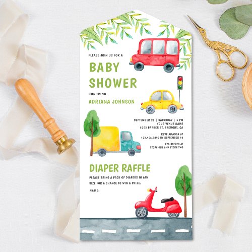 Car Truck Scooter Vehicles Transport Baby Shower All In One Invitation