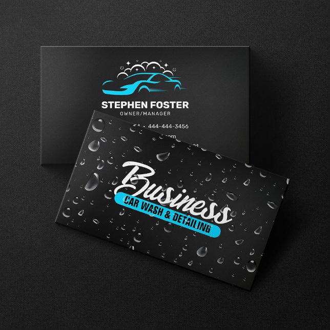 Car Wash & Auto detailing Water Drop Black Blue Business Card (Creator Uploaded)
