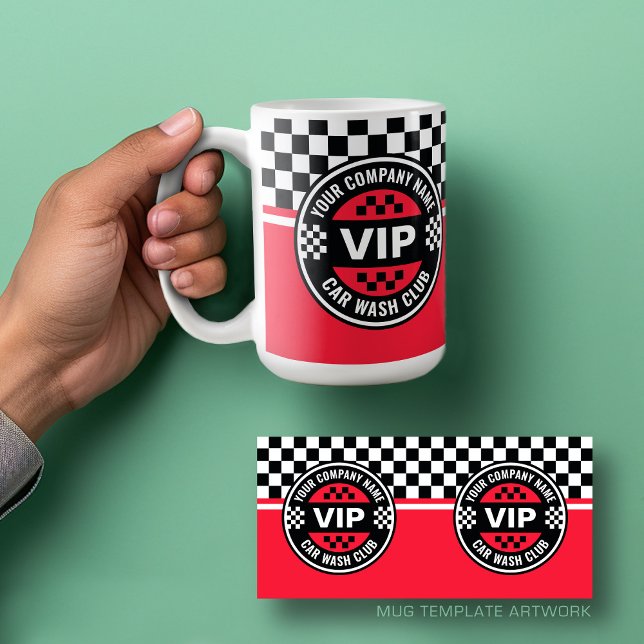 Car Wash Club - Racing Checkered Flag Rewards Coffee Mug (Mug Template for Car Wash Business - VIP Car Was Club)
