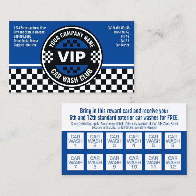 Car Wash Club - Racing Checkered Flag Rewards Discount Card (Front/Back)