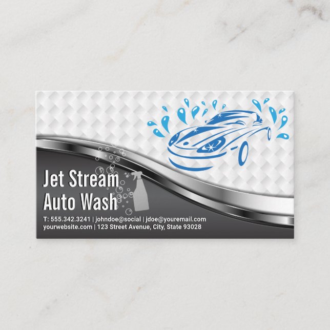 Car Wash Logo Metallic White Mesh Business Card (Front)