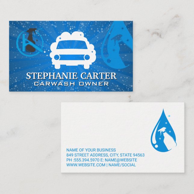 Car Wash Logo | Soap Bubbles | Cleaning Tools Business Card (Front/Back)