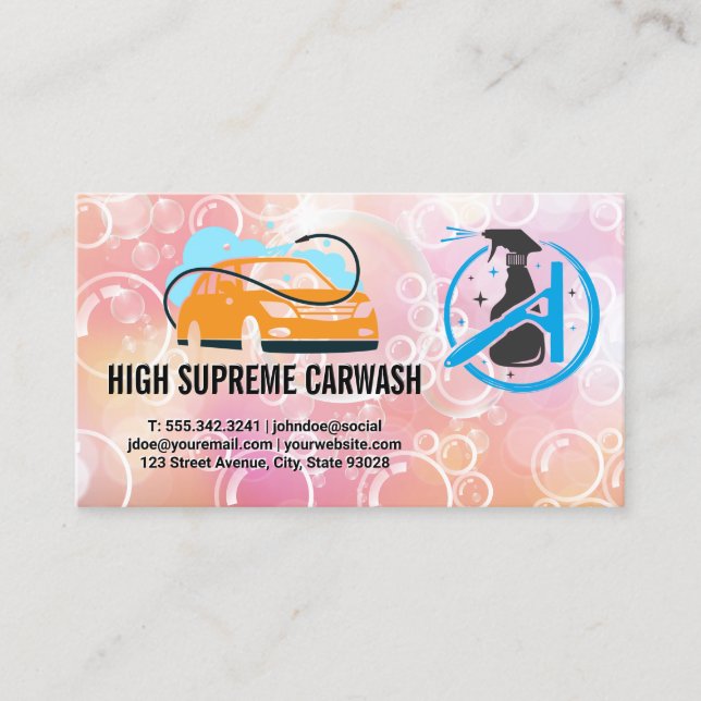 Car Wash Logo | Spray | Soap Bubbles Business Card (Front)