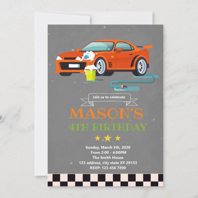 Car wash theme birthday theme invitation (Front)