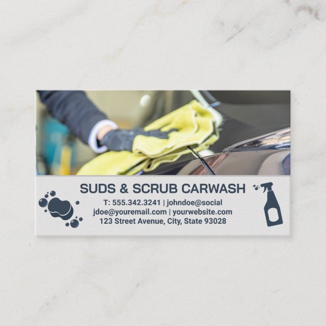 Car Wash Worker Drying | Auto Buffing Polishing Business Card (Front)