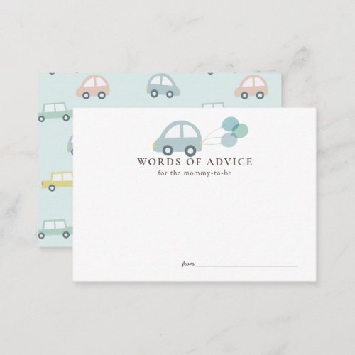 Car with Balloons Blue Boy Baby Shower Advice Enclosure Card