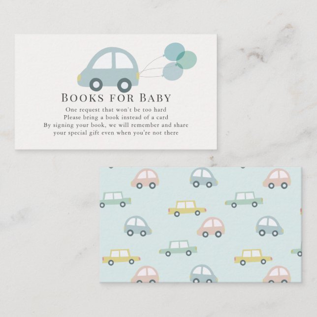 Car with Balloons Blue Boy Book Request Enclosure Card (Front/Back)
