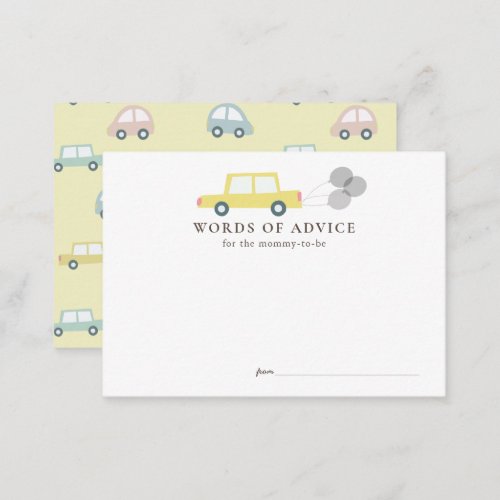 Car with Balloons Yellow Baby Shower Advice Enclosure Card