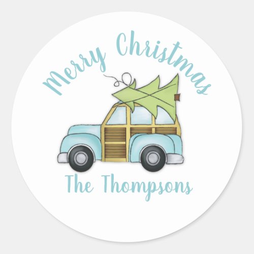 Car with Christmas Tree  Classic Round Sticker