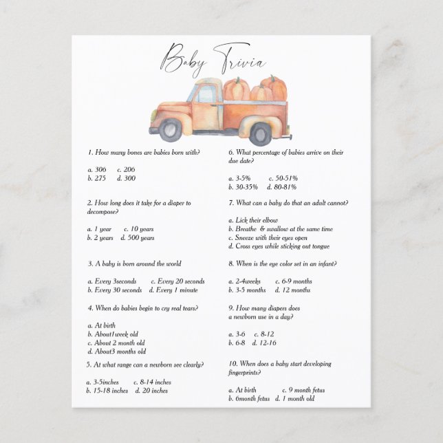 Car with pumpkins - Baby Trivia | Baby Shower Game (Front)