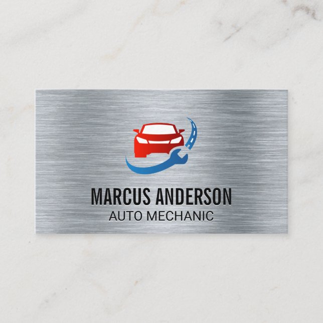 Car Wrench Road Logo | Metallic Brushed Background Business Card (Front)
