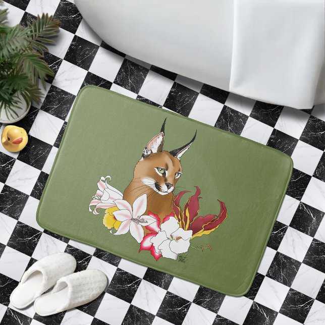 Caracal Wild Cat Floral Green Bath Mat (Creator Uploaded)