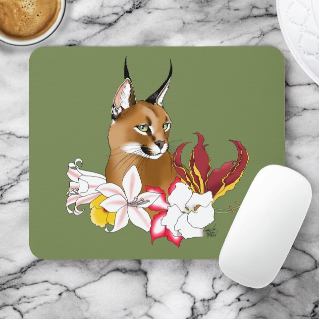 Caracal Wild Cat Floral Green Mouse Pad (Creator Uploaded)