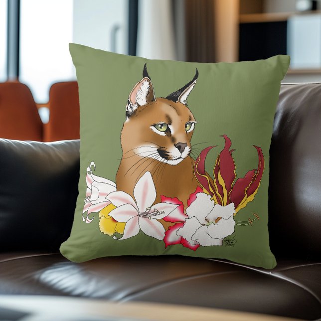 Caracal Wild Cat Floral Green Throw Pillow (Creator Uploaded)