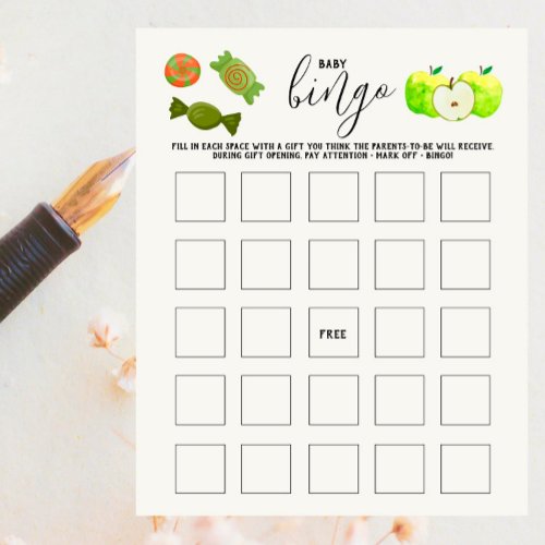 Caramel Apple Green Baby Shower Baby Bingo Game