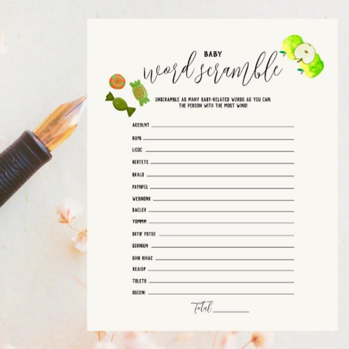 Caramel Apple Green Baby Shower Word Scramble Game