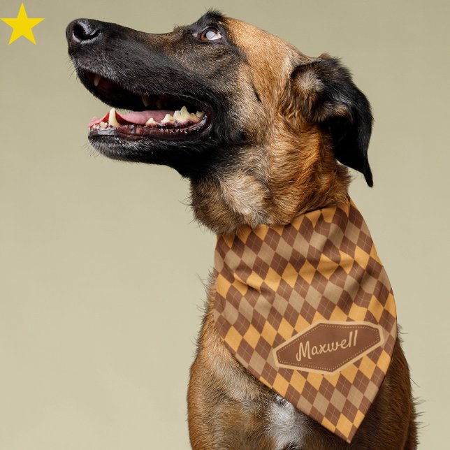 Caramel Brown Argyle Custom Name Pet Bandana (Creator Uploaded)