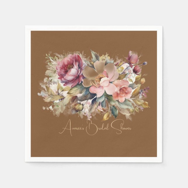 Caramel Brown Pink Peach Burgundy  Floral Shower Napkins (Front)