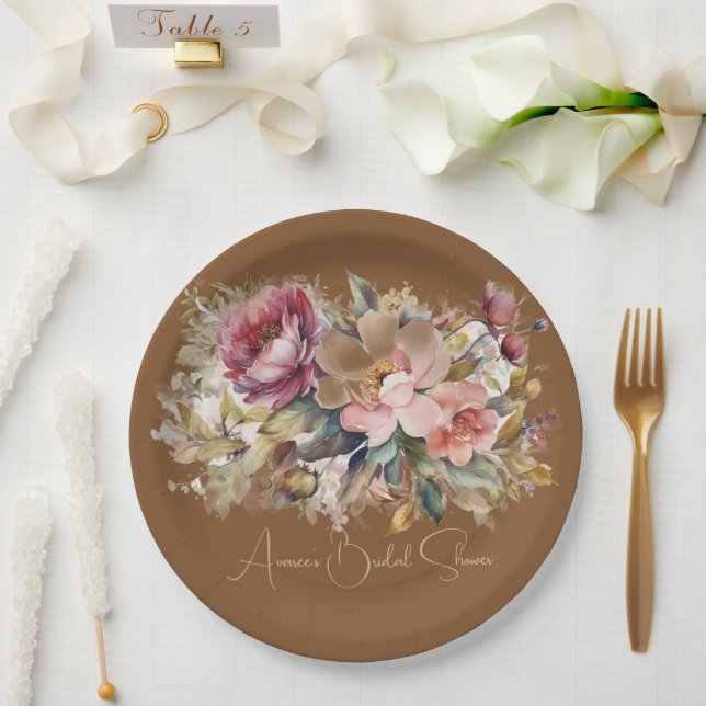Caramel Brown Pink Peach Burgundy  Floral Shower Paper Plates (Wedding)