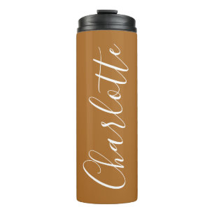 Caramel Brown White Script Personalized Name Thermal Tumbler