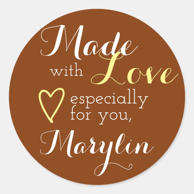 Caramel Brown Yellow Simple Made with Love Heart Classic Round Sticker (Front)