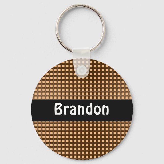 Caramel Checkered Pattern Personalized Keychain (Front)