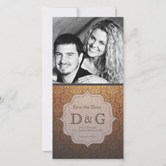 Caramel Damask Filligree Save the Date Photo Card (Front)