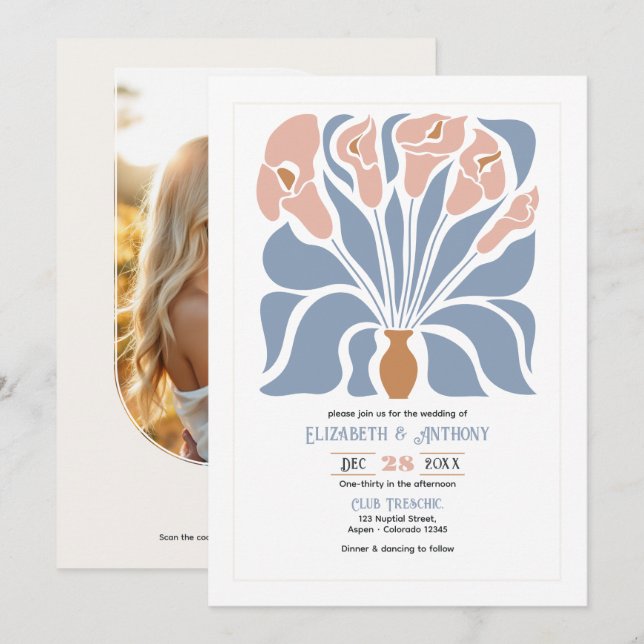 Caramel & Dusty Blue Abstract Floral Boho Wedding Invitation (Front/Back)